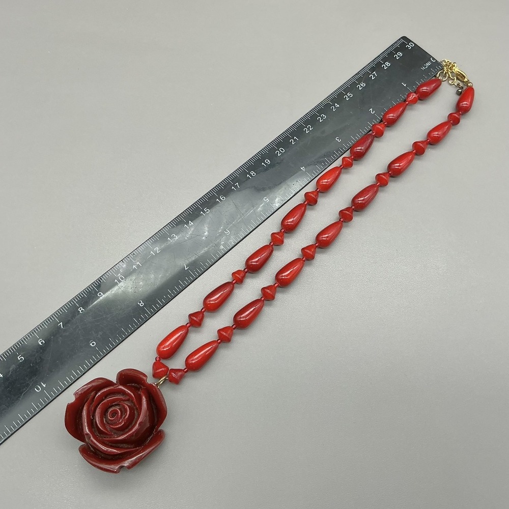 Necklace Red Beaded Rose Flower Pendant Resin Womens Bold Statement Jewelry - Picture 7 of 7